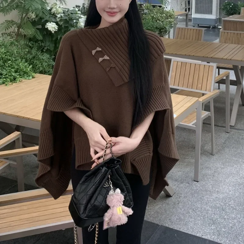 Women's Loose Outer Wear One Shoulder Knitted Hoodie CoatLazy Style Versatile Knitted Cloak Sweater
