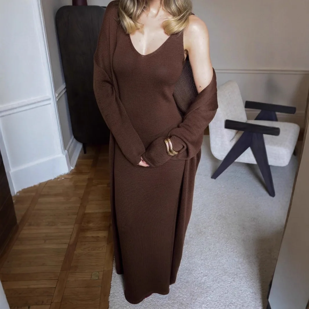 

Women's Knitted Maxi Dress Three-piece Autumn Suspender Dress Long Sleeve Cardigan Set