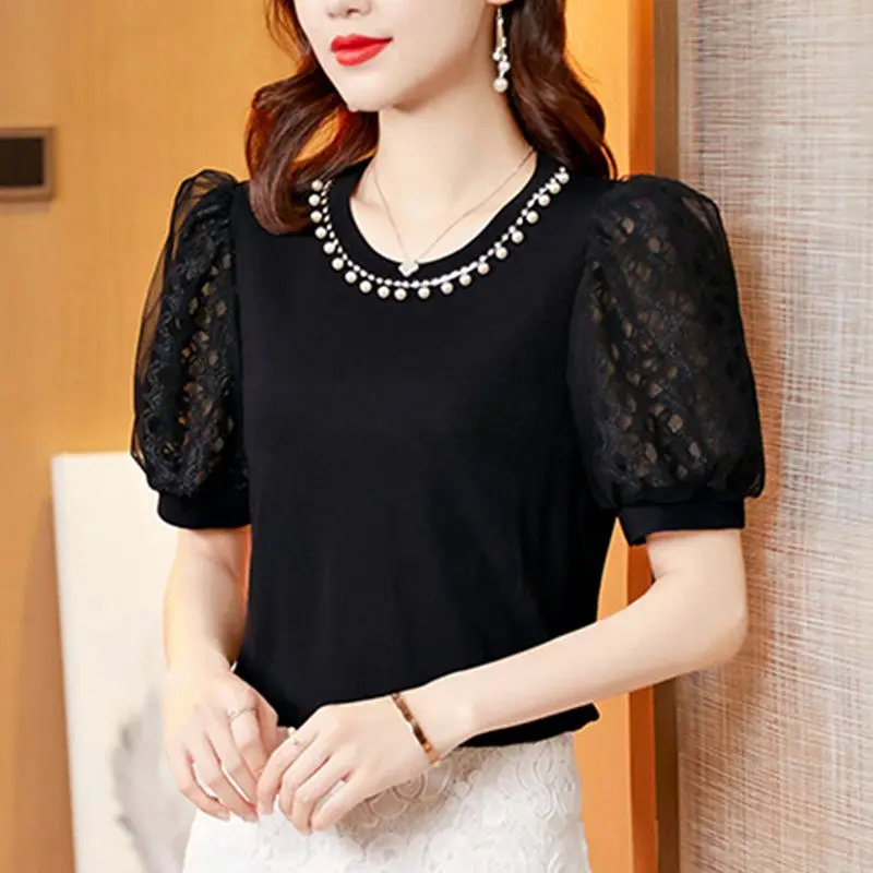 Fashion O-Neck Beading Lace Hollow Out Puff Sleeve Blouse Women Clothing 2023 Summer Oversized Casual Tops Office Lady Shirt