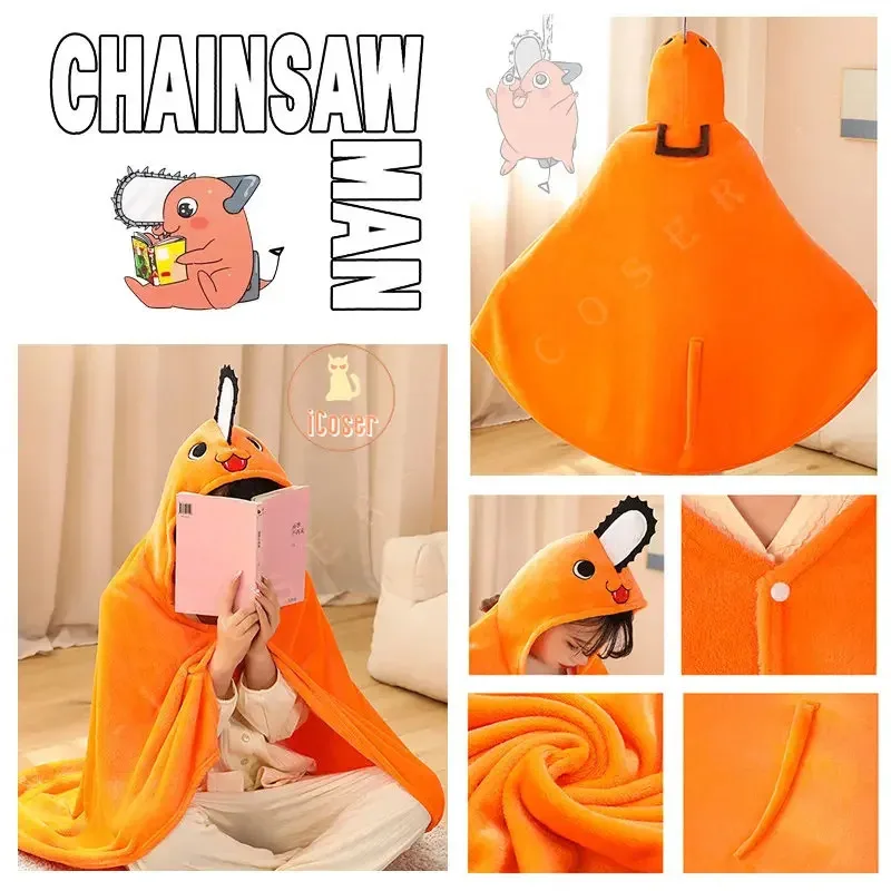 New 2025 Chainsaw Man Pochita Denji Makima Cosplay Flannel Hooded Cloak Cape Cute Anime Blanket Haya☆★☆★qq