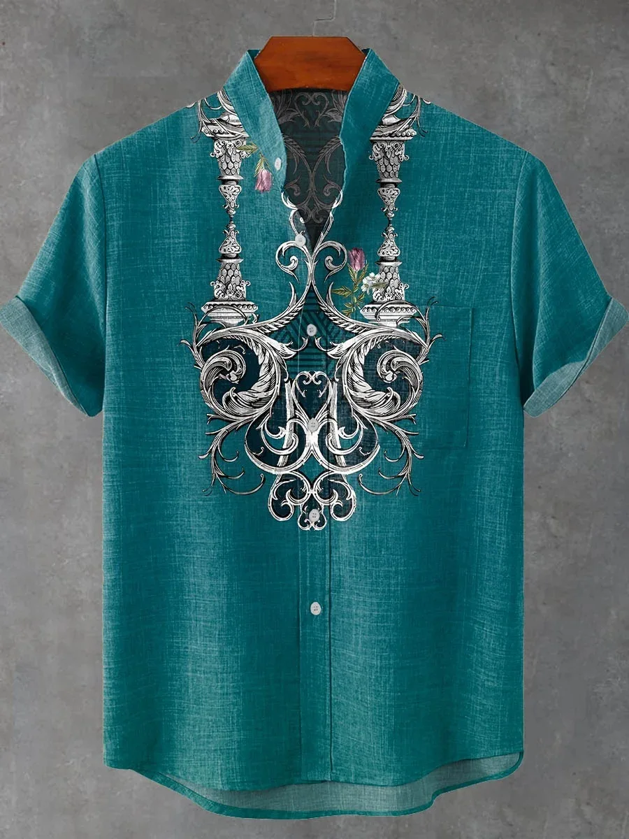 ハワイ3Dプリントデザインメンズおしゃれカジュアルバケーションリネンシャツメンズボタン快適半袖スタンドカラー