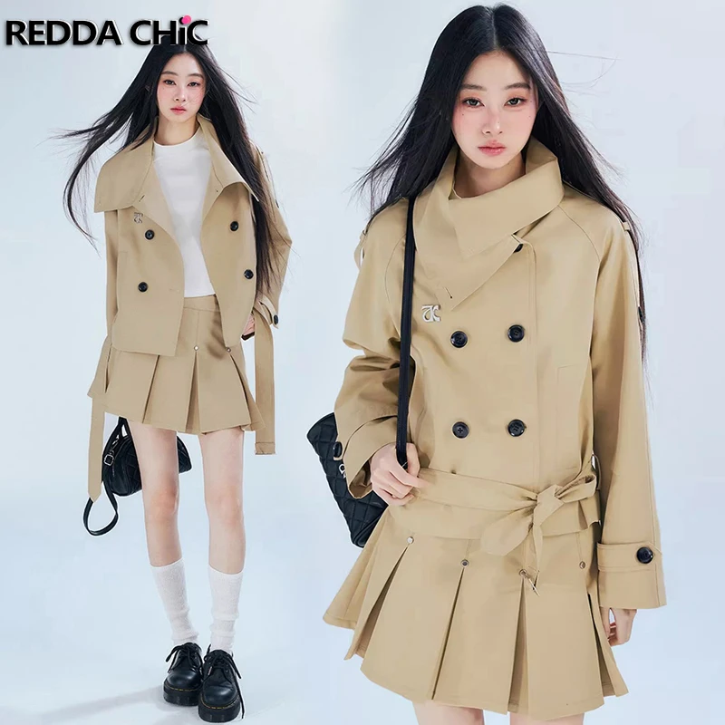 

ReddaChic Khaki Belted Trench Coat Pleated Skirt Set Women Notched Lapel Transition Jacket Mini Skirt Casual Autumn Work Outfit