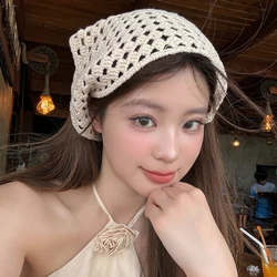 French Hollow Triangle Headband Towel For Women Beige Crochet Headbands Bandana Summer Travel Literary Photo Hair Scarf Bands