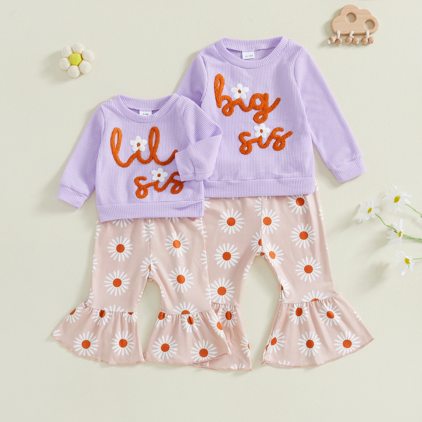 FOCUSNORM 0-6Y مطابقة شقيقة الخريف الاطفال الفتيات الملابس مجموعات إلكتروني التطريز طويلة الأكمام البلوز الأزهار طباعة مضيئة السراويل #2