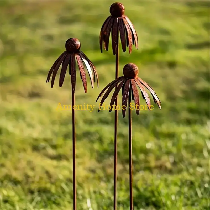 F26C Artistic Echinacea Metal Garden Decoration Rusty Iron Flower Stake Weatherproofed Outdoor Decoration