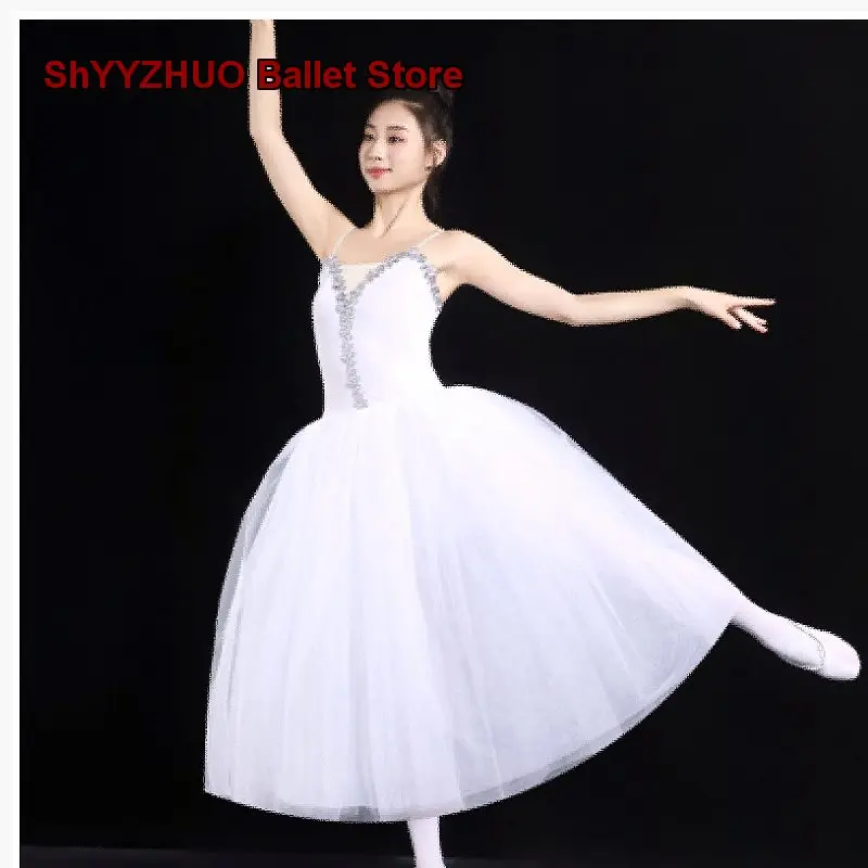 Women's Adult Mid-Length Gauze Dress Performance Dance Leotard White Professional Tutu