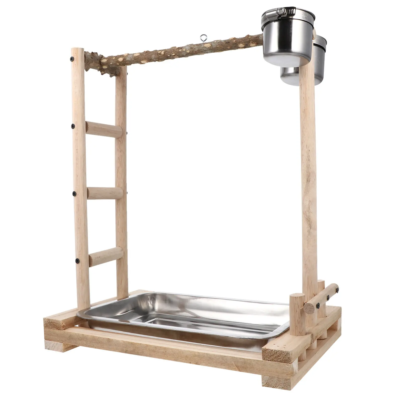 1Pcs Parrot Stainless Steel Bowl Feeder Combined Wooden Climbing Ladder for Birds Cage Standing Rack Plaything Grinding Rod