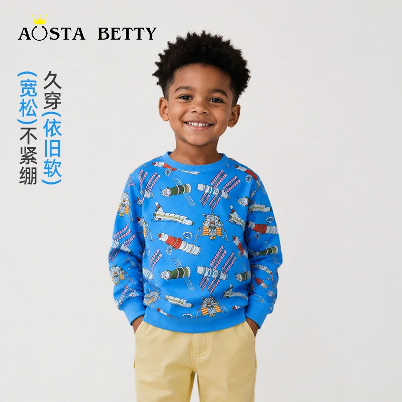 Western style boy's rocket all-over print children's sweatshirt knitted cotton toddler crew neck base layer shirt