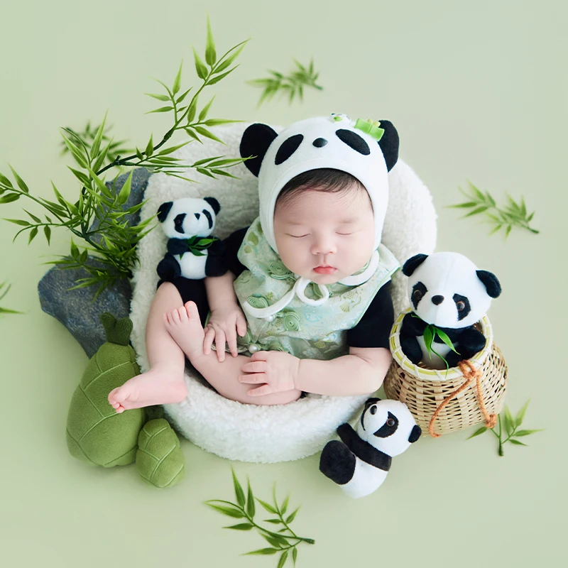 Cute Panda Theme Newborn Photography Outfit Soft Knit Hat Chinese Style Vest Bamboo Decor Panda Dolls Baby Photo Shoot Props