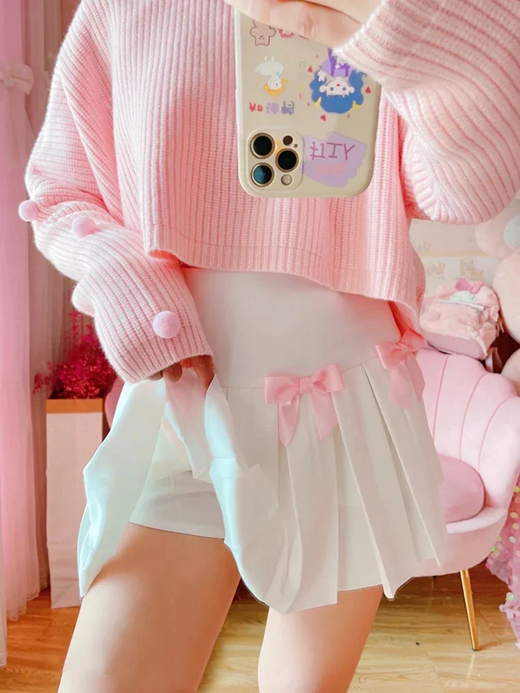 Cute Pleated Skirts for Sweet Girls Summer Bows Decoration Elastic Waist Lolita Style White Mini Shorts Skirt Kawaii Clothes