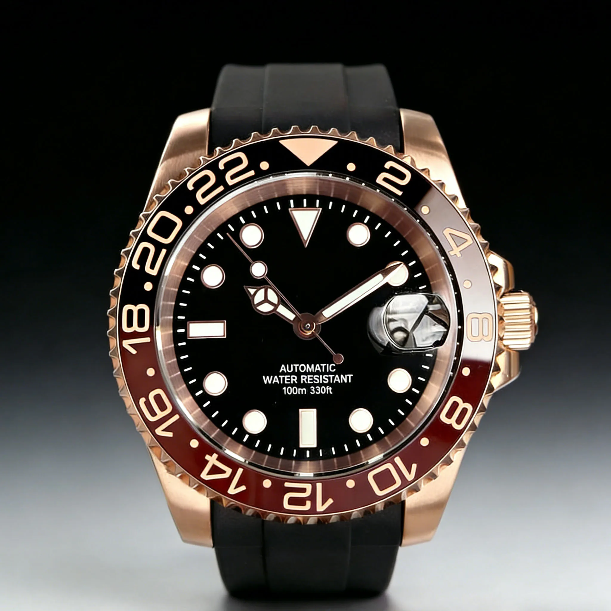 Tandorio de oro rosa de 40mm, esfera negra con fecha, cristal de zafiro luminoso NH35A, movimiento automático, reloj mecánico para hombre, correa de goma