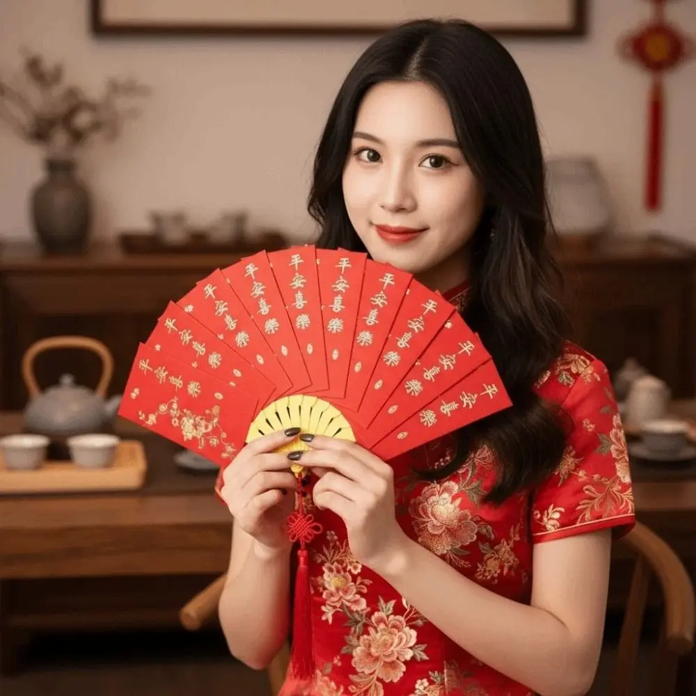 

Traditional Fan Design Red Envelope with Chinese Knot Tassel Children's Money Bag Blessing 10 Cards God of Wealth Red Pocket