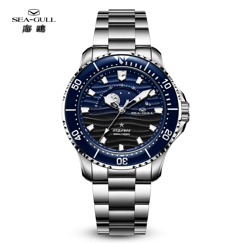 Seagull 43.5mm Dividing Watch 300M Waterproof Automatic Mechanical Wristwatch Moon Phase Luminescent Men Watches 1215 New 2024