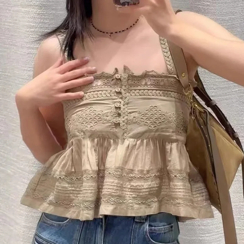 2026 Summer New Niche Solid Color Lace Cami Women Sexy Waist Shaping All-match Sleeveless Tank Tops