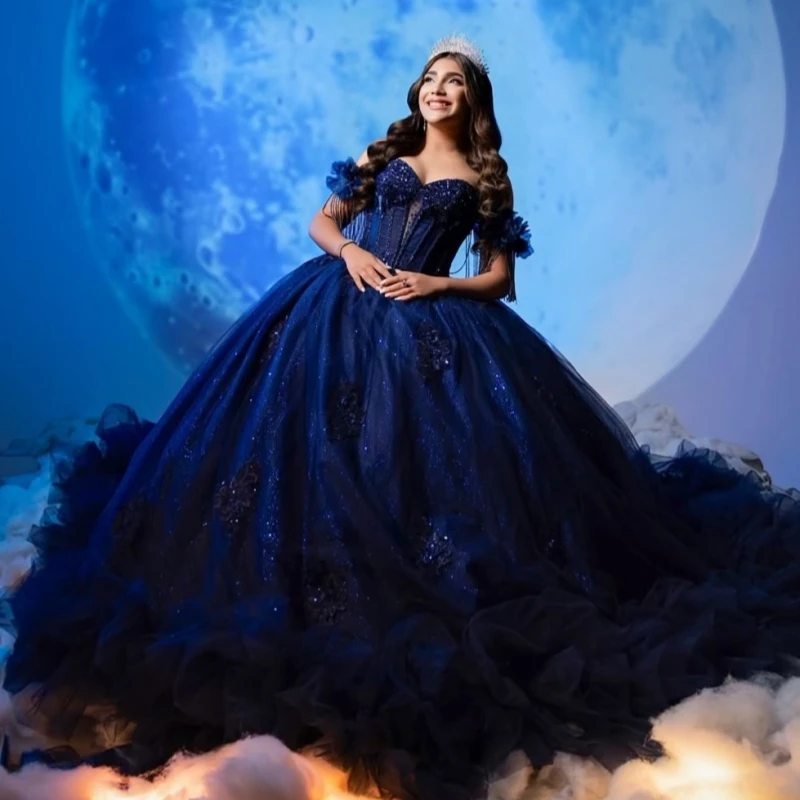 

Navy Blue Shiny Quinceanera Dresses Ball Gown Off The Shoulder Applique Lace Beading Crystal Tiered Tull Corset Party Sweet 16
