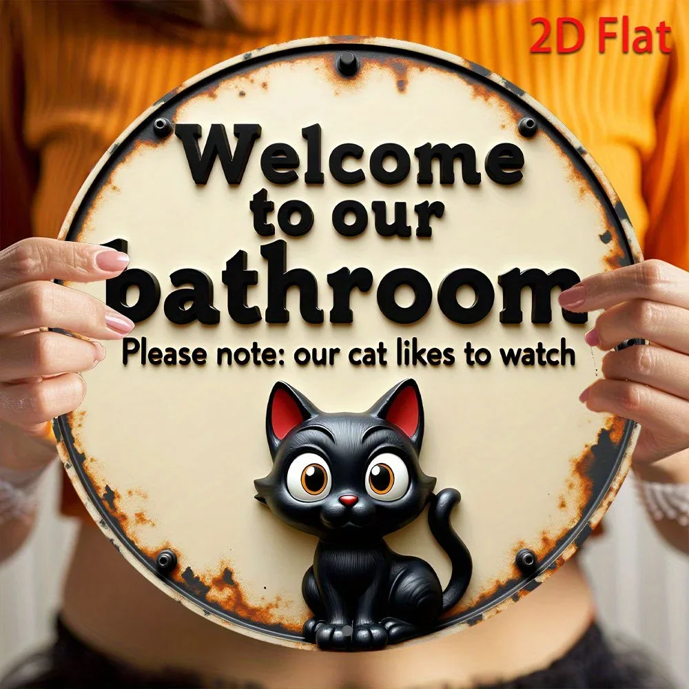 Vintage Humorous Aluminum Wall Art 8 Inch Round Waterproof Durable Metal Sign Cat Watching Bathroom Bar Garage Cafe Decor