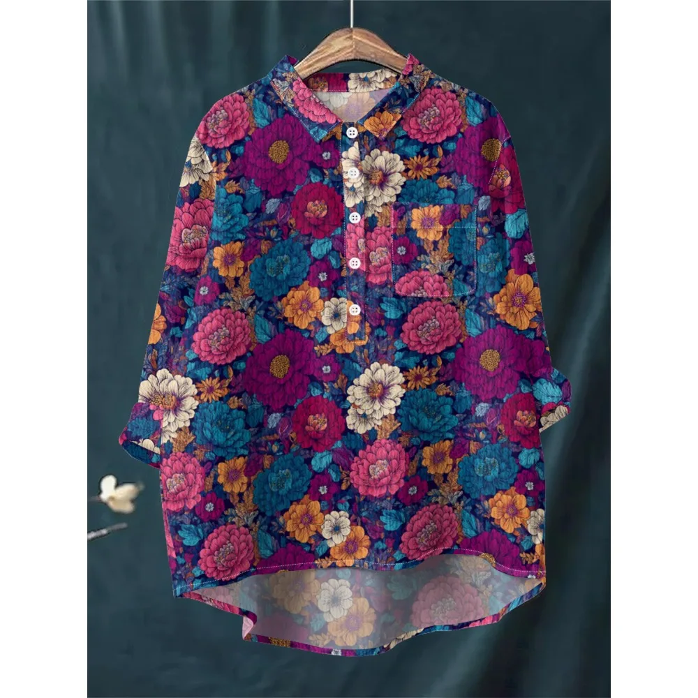 Colorful Peony Pattern Blouse Bohemian Style Long Sleeve Shirt Vintage Women's Loose Long Sleeve Half-Button Bubble Crepe Top