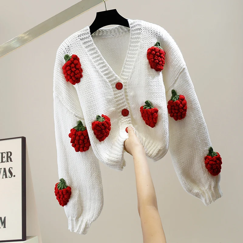 

Handmade Knitted Long Sve Stberry Decorative Lazy Sle Sweater Casual Loose Cardigan Trendy Wool Blend Commute Sle V...