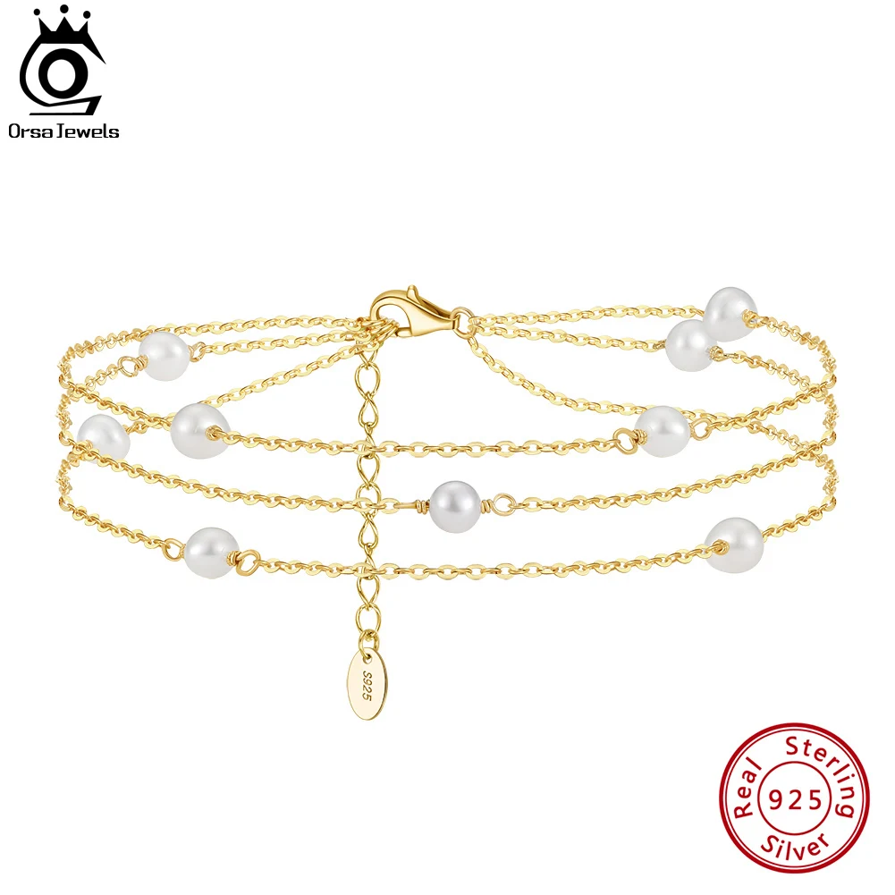 ORSA JEWELS Triple Layered Natural Pearls Anklet for Women 925 Sterling Silver Summer Vintage Foot Ankle Straps Jewelry SA52