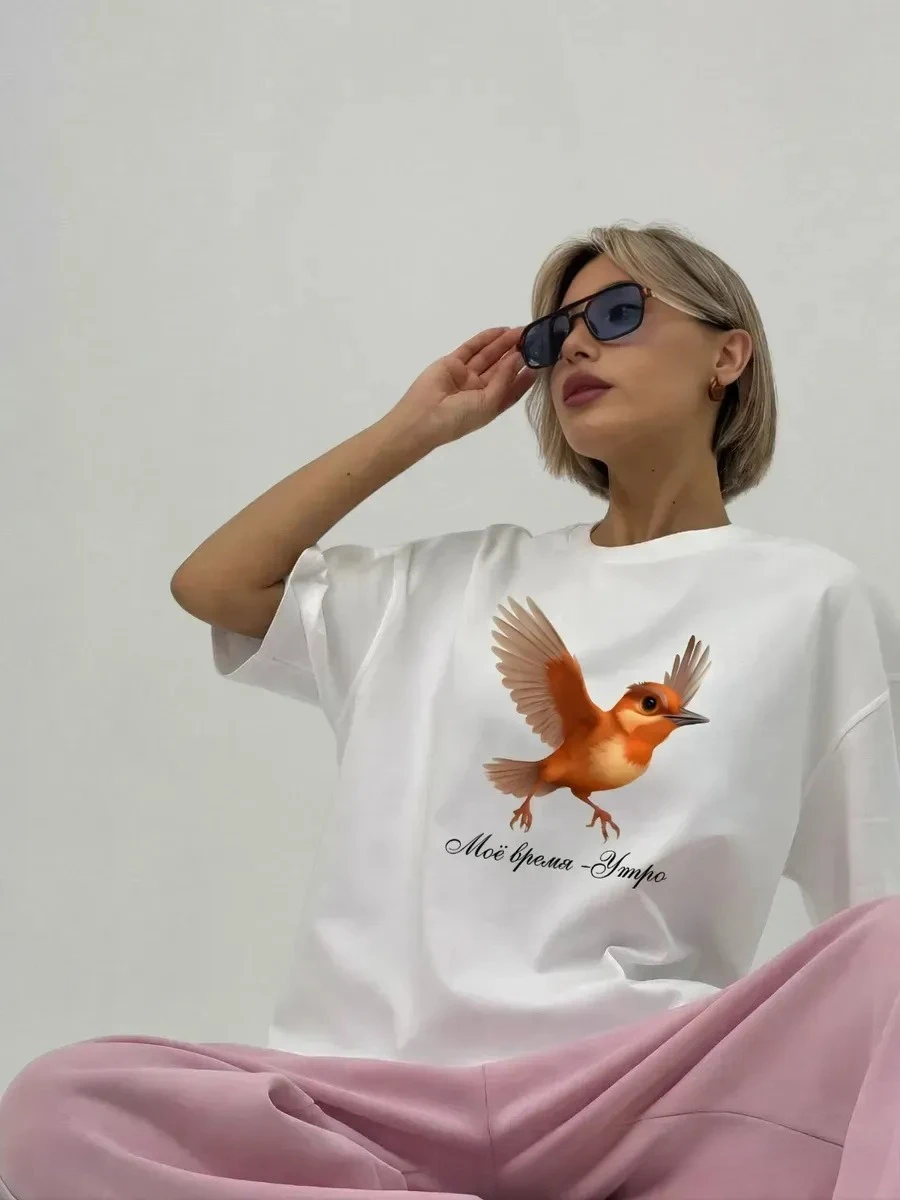 Summer Women's 100% Pure Cotton Short Sleeve T-Shirt Cute Funny Bird Cartoon Print Loose Fit Unique Design Casual Fashion Top