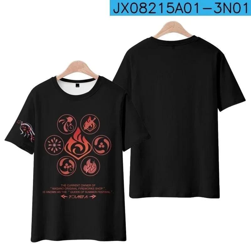 Genshin impact naganohara yoimiya 3D impression ã o camiseta ver ã o moda em torno do pesco ç o manga curta popular jogo