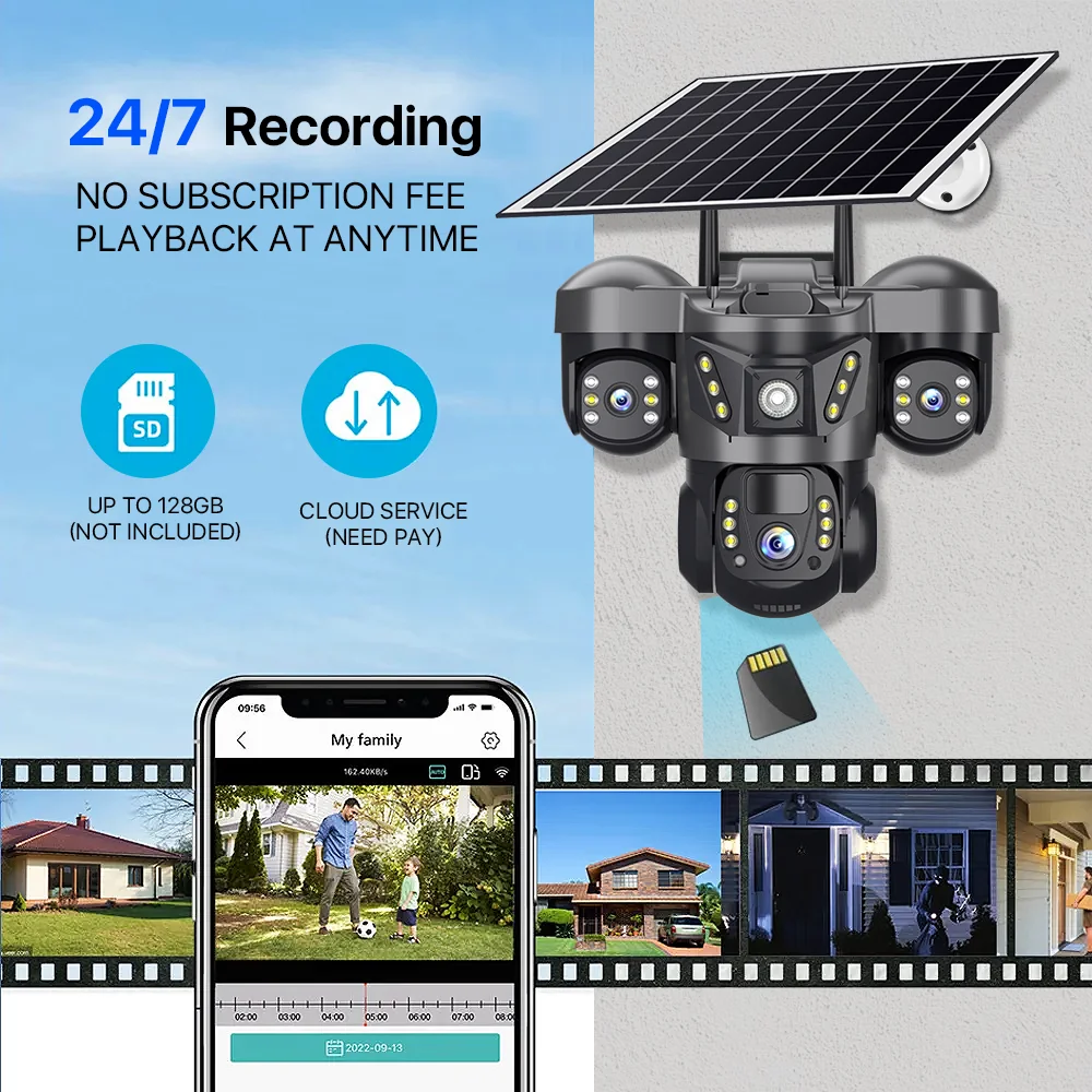 كاميرا V380Pro الشمسية 4G بطاقة SIM في الهواء الطلق عدسة ثلاثية 15MP كاميرا IP مع لوحة طاقة شمسية بطارية مدمجة PIR كشف الحركة CCTV