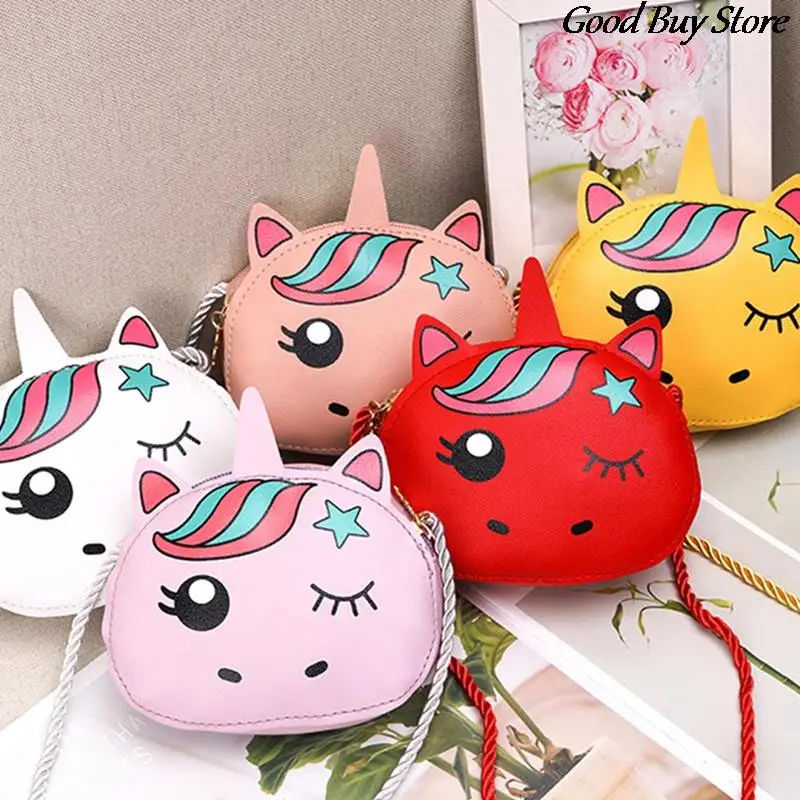 Bolsa de ombro dos desenhos animados do unicórnio Carteira de moedas de couro animal adorável, Mini bolsa, Bolsas pequenas para crianças