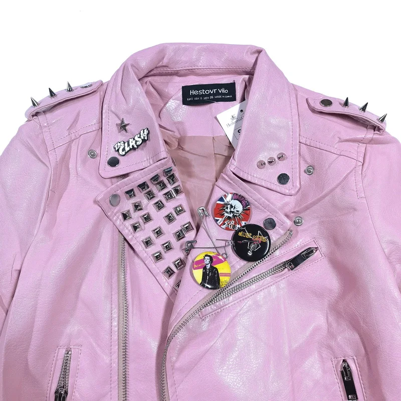 European American Original Handmade Punk Rock Rivet Leather Jacket Badge Pink Oblique Zipper Locomotive Leather Jacket Women