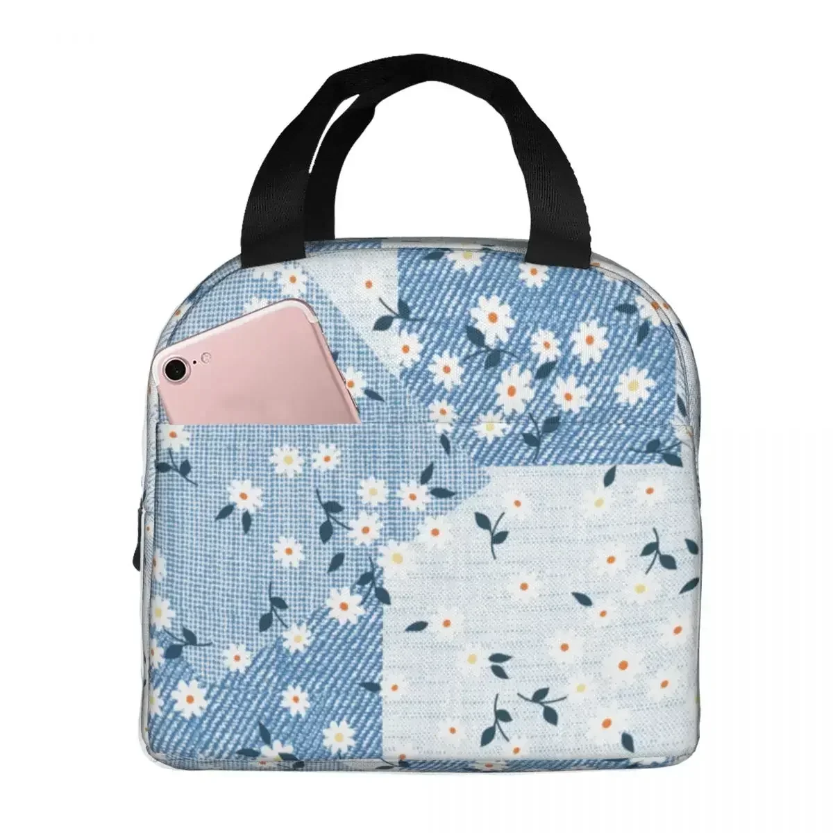 Lancheira de lona para homens e mulheres, padrão floral, em refrigerador térmico, bolsa portátil de piquenique, Bento Pouch