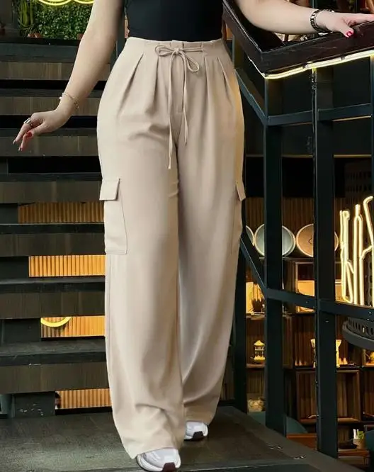 Pantalon taille haute plissé avec cordon de serrage sur le devant, jambes larges, poches à rabat décontractées, Design Cargo