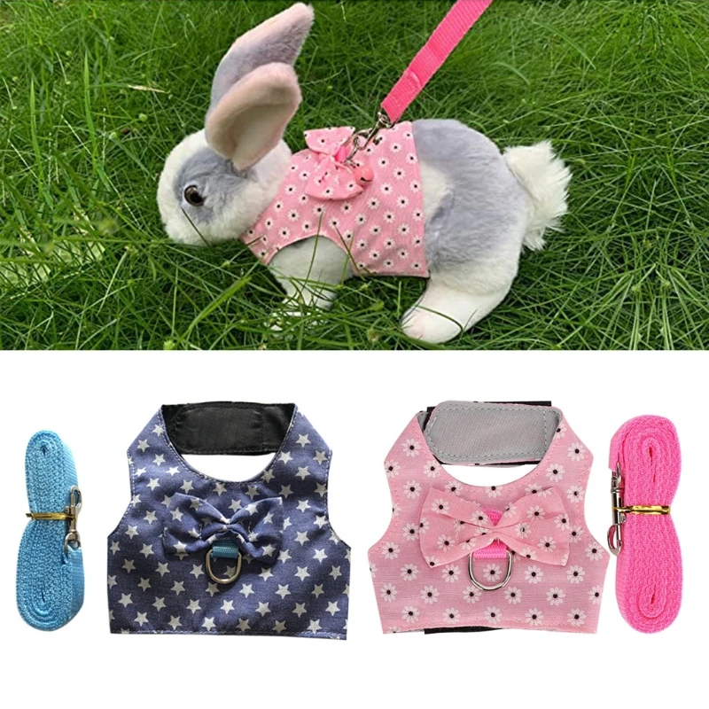 C63B Bunny Vest Rabbit Holiday Costume  Harness Leash Set Small Animals Accessory for Ferret Piggies Hedgehog S/for M/L