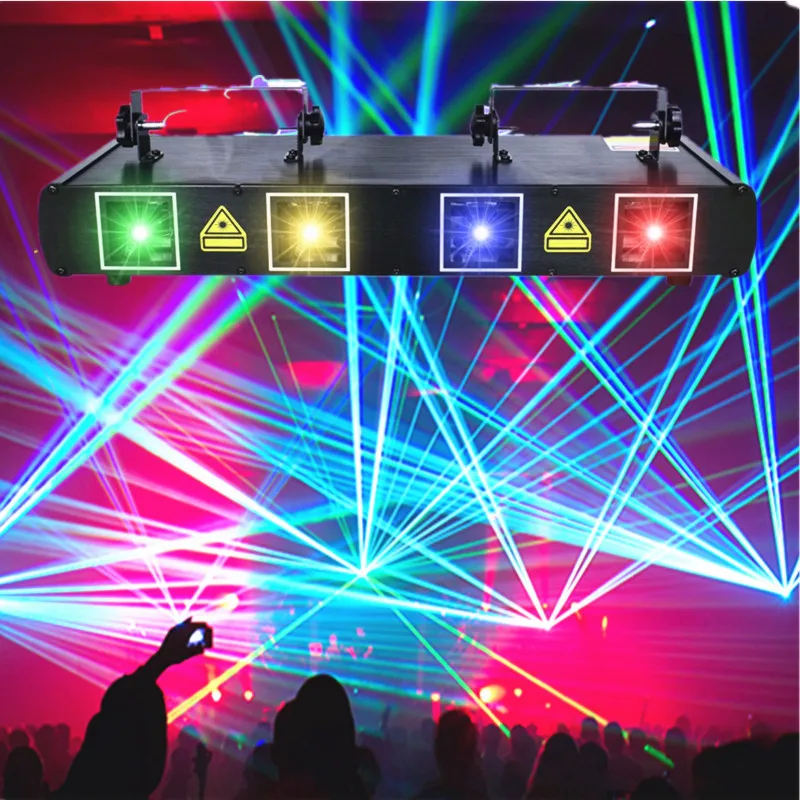 Party Lights, DJ Disco Lights, 4-Beam DMX and Voice-Controlled Laser Lights, Light Show Stroboscopic Party Lights Ambient Lights