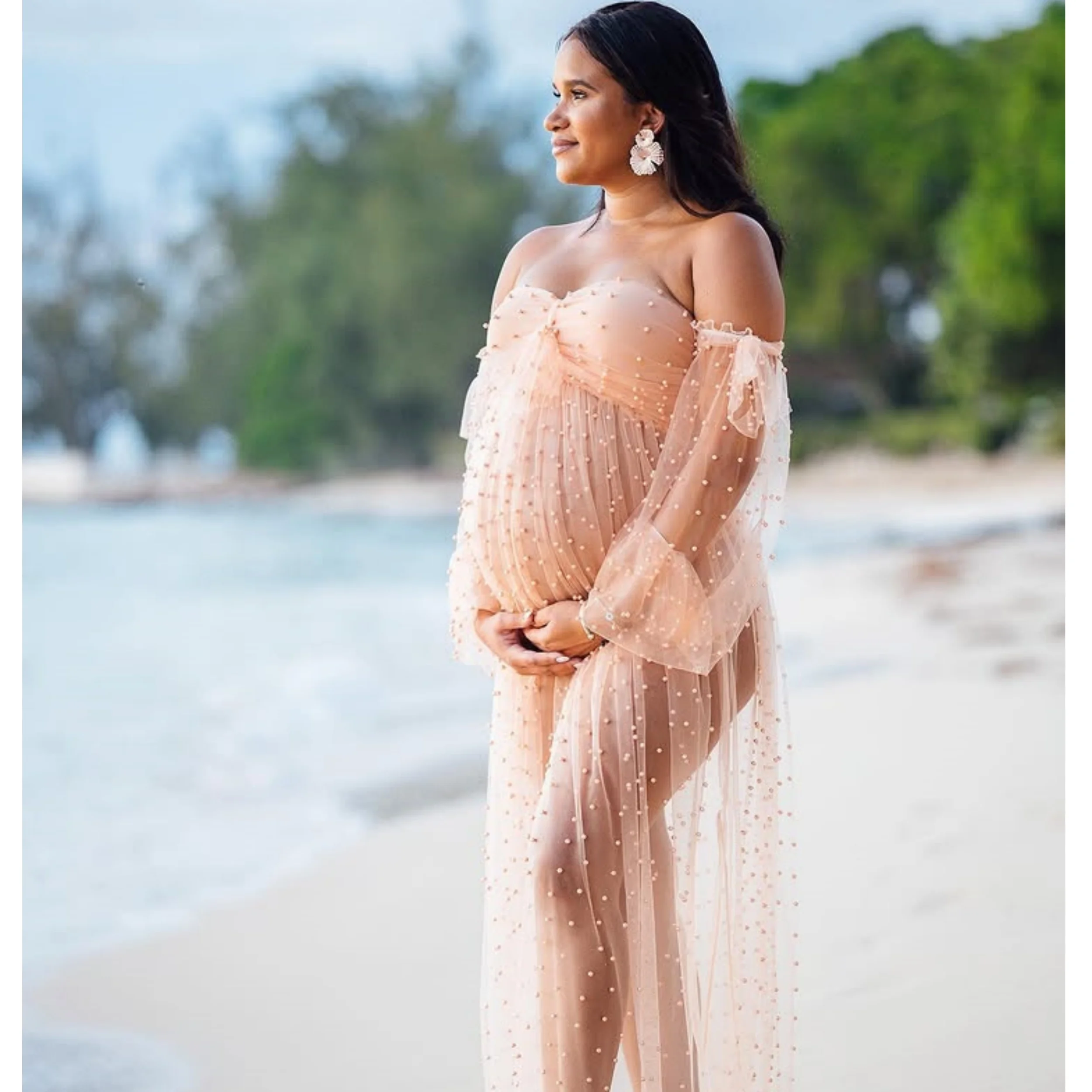 Gaun Hamil Merah Muda Berdebu untuk Wanita Gaun Baby Shower Celah Depan Panjang Vestidos De Gala Hamil Tulle Tipis Seksi Disesuaikan