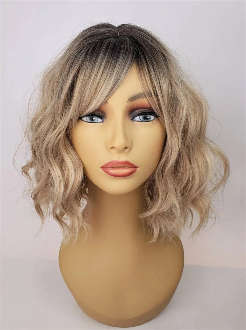 

Highlight Ombre Blond Short Wavy Bob 13x4 Lace Front Human Hair Wigs For Women Brazilian Remy Hair Glueless Dark Root Wigs