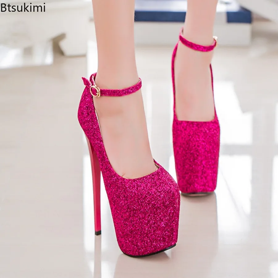 Women Glitter Platform Pump Stiletto High Heel Round Toe Ankle Strap Buckle Dress Shoes Nightclub Party Wedding Evening Footwear view 5