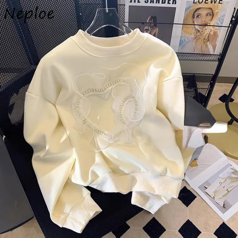 

Neploe Vintage Chic O-neck Mesh Beading Sweatshirts Autumn Long Sleeve Loose Tops Women E-Girl Mid-length Sweatshirt Mujer