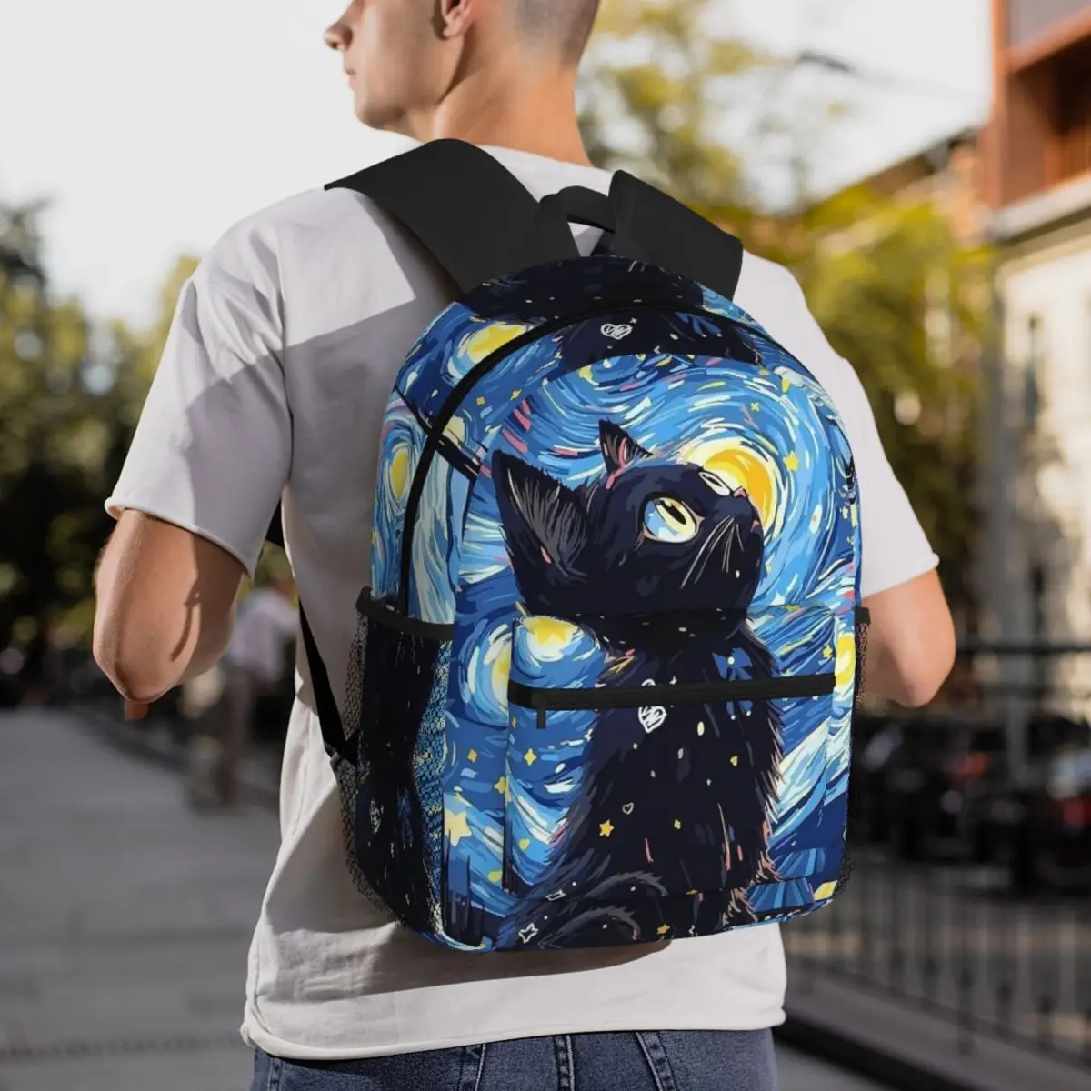 Van Gogh Black Cat Print Oil Painting The Starry Night 2 Backpack Daypack Kids BookBag School Bag Shoulder Bags for Men Women