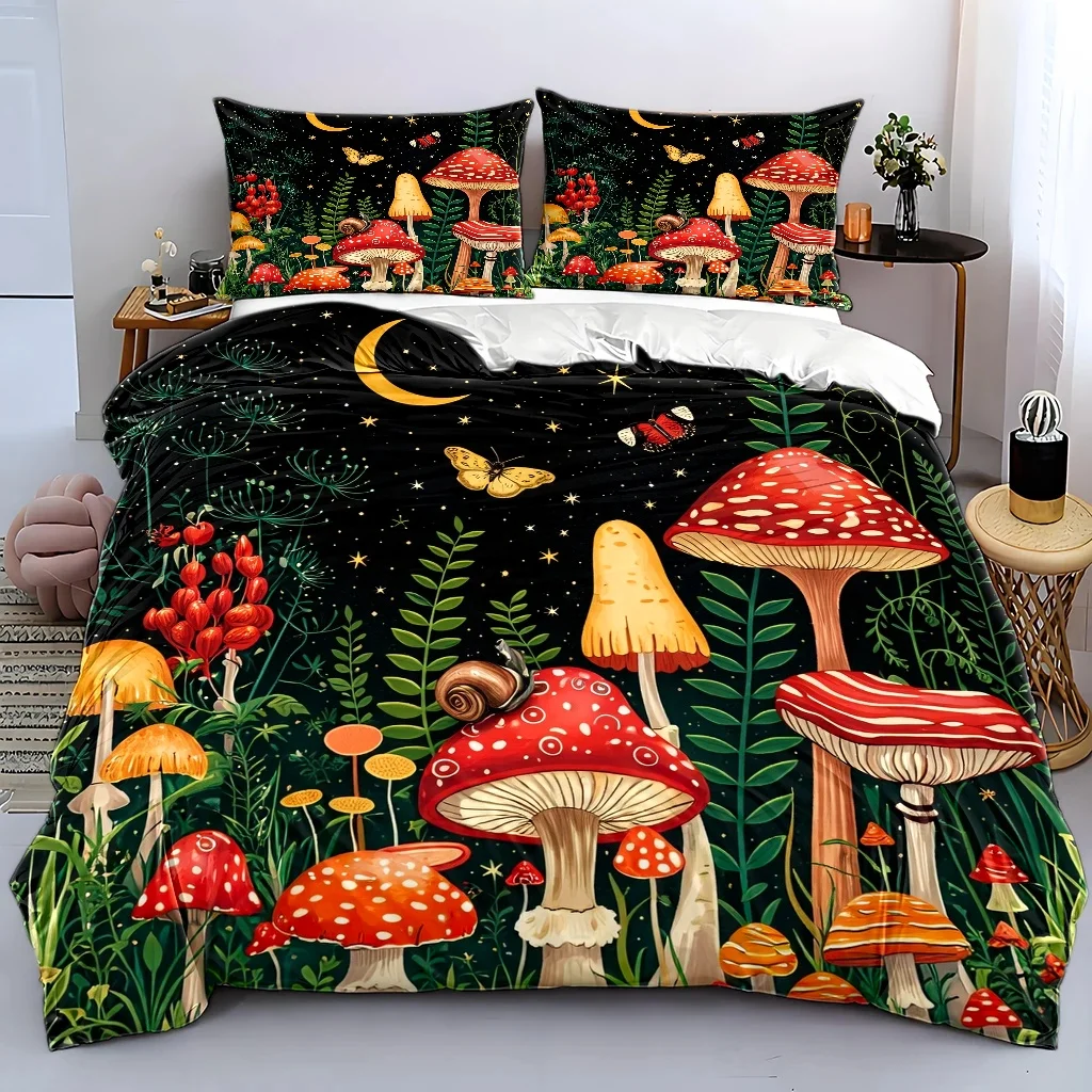 3Pc Dreamy Forest Mushroom Theme Duvet Cover Set, Three-Piece Bedding Set (1 Duvet Cover + 2 Pillowcases), Suitable for All Seasons, Machine Washable, Invisible Zipper Design, Large Double Bed Cover Set, Suitable for H