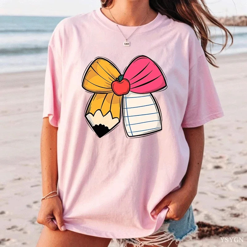 Ladies Short Sleeve Tee Creative Pencil Bow Graphic Crew Neck Soft Casual Loose T Shirt Cute Back To School Stylish Daily Tops