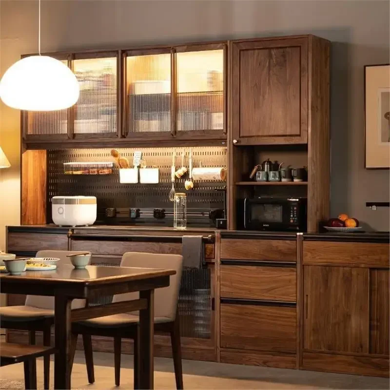 Nordic all solid wood dining side cabinet, black walnut rock slab , locker, living room integrated wall display cabinet,