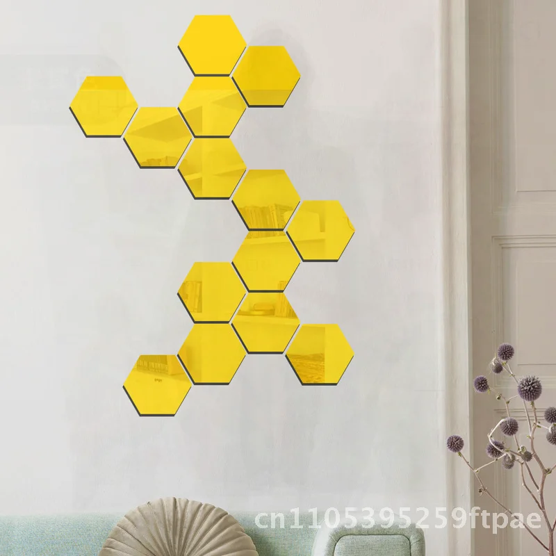 Hexagonal Acrylic Mirror Wall Stickers DIY Self-Adhesive 3D Home Decor Background Stickers Silver Gold Black Red Blue Coffee