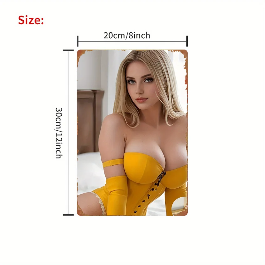 Vintage 2D Flat Blonde Woman in Yellow Corset Outfit Tin Sign - Retro Bedroom Portrait Metal Wall Art Decor for Bedroom, Boudoir