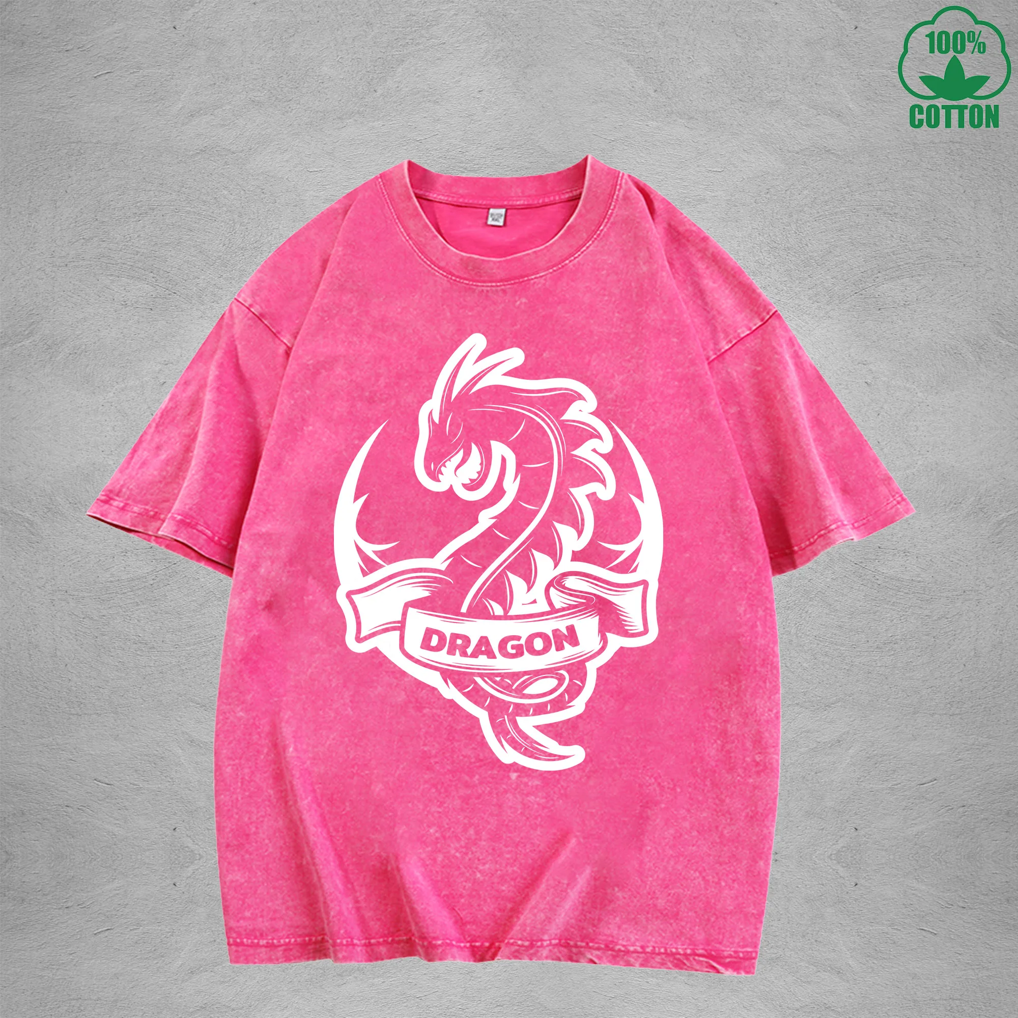 Dragon Emblem Interest Printed Washed T-Shirt 230G Multicolor Loose Trendy Fashionable Cotton Short Sleeve Top