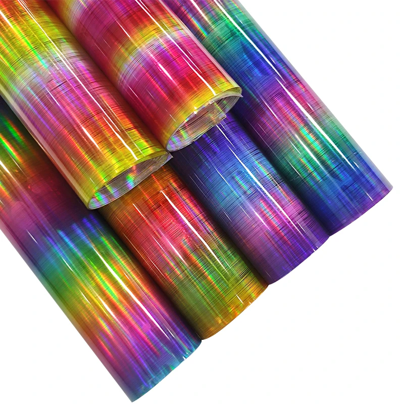 Holographic Rainbow Light Pillar Flexible PVC Jelly Film Iridescent Faux Leather Fabric for Sewing Bag Bows Craft DIY 46*135CM