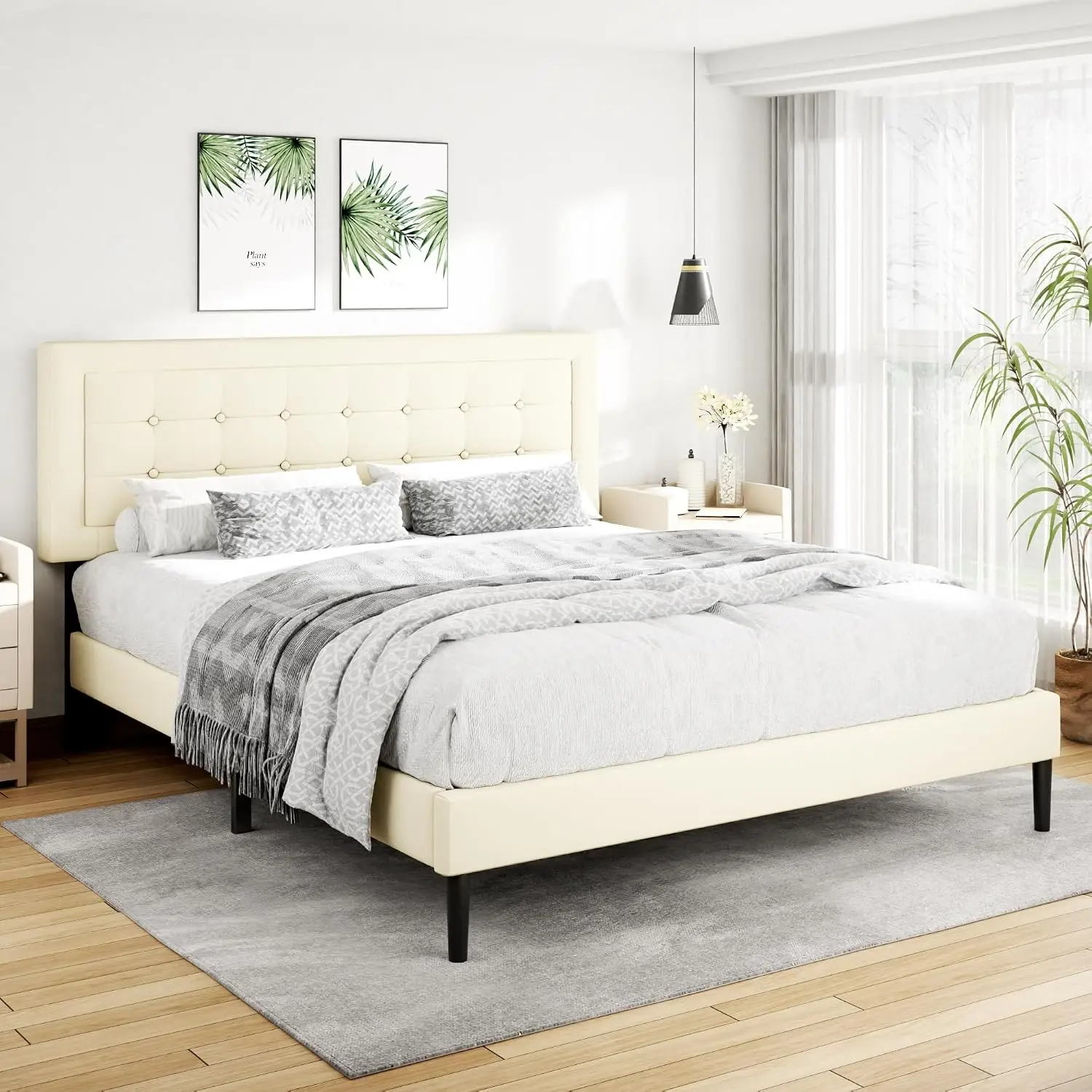 King Size Bed Frame with Velvet Upholstered Headboard, Button Tufted Design,Wood Slats Support, No Box Spring, Customized