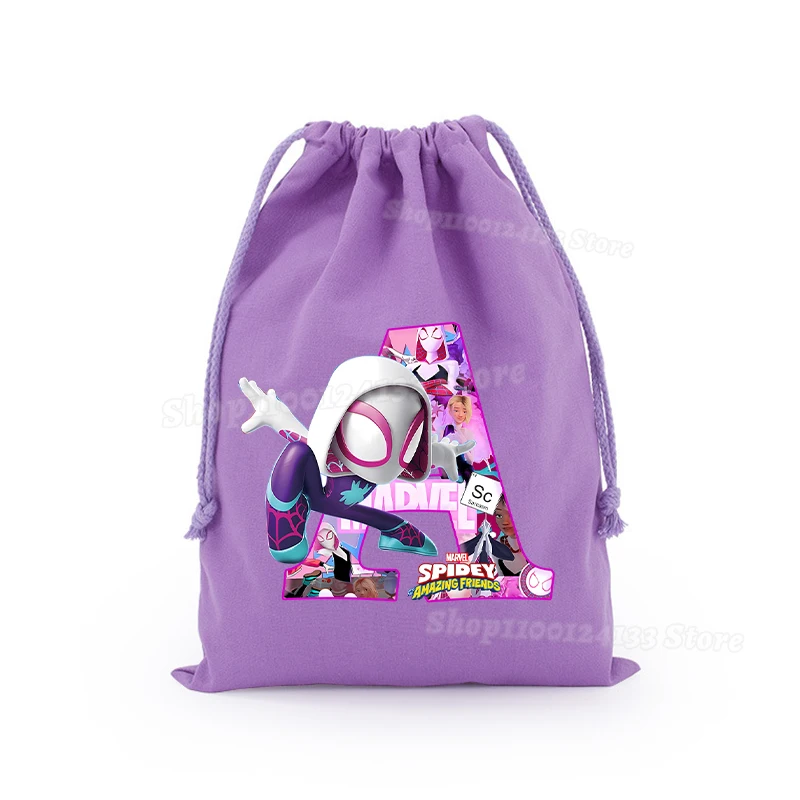 

Spiderman Kids Girl Drawstring Bag Letter A-Z Gwen Cartoon Cute Print Sport Child Portable Birthday Party Hand Pocket Gift Pouch