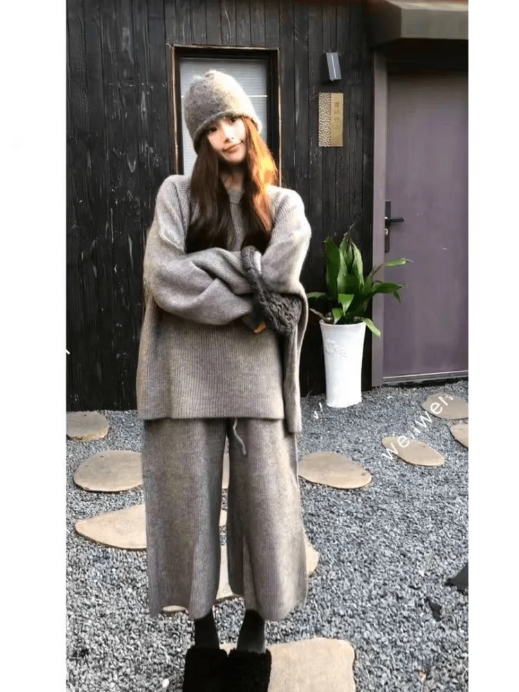 

Korean Lazy Style round Neck Knitted Casual Set Women's Spring Loose Versatile High Waist Wide Leg Pants Two Piece Set
