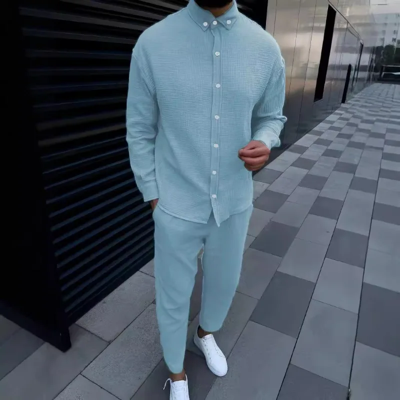 Spring and autumn men's lapel comfortable casual shirt set fashion long sleeve cargo pants solid color two-piec