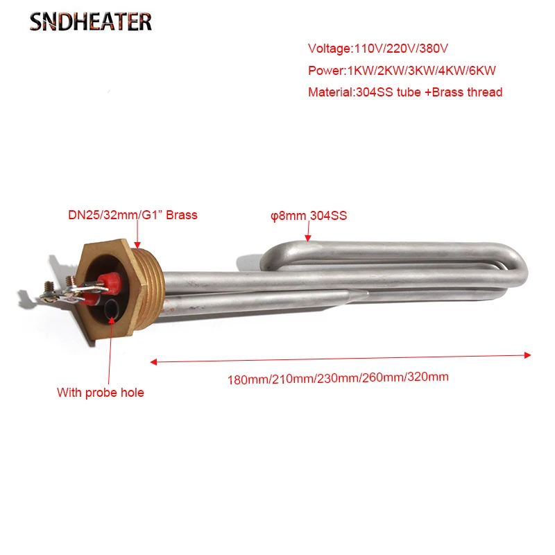 SNDHEATER Solar Water Heating Element With Probe Hole DN25/1 inch 32mm BSP Threaded 110V 220V 380V Wattage 1KW/2KW/3KW/4KW