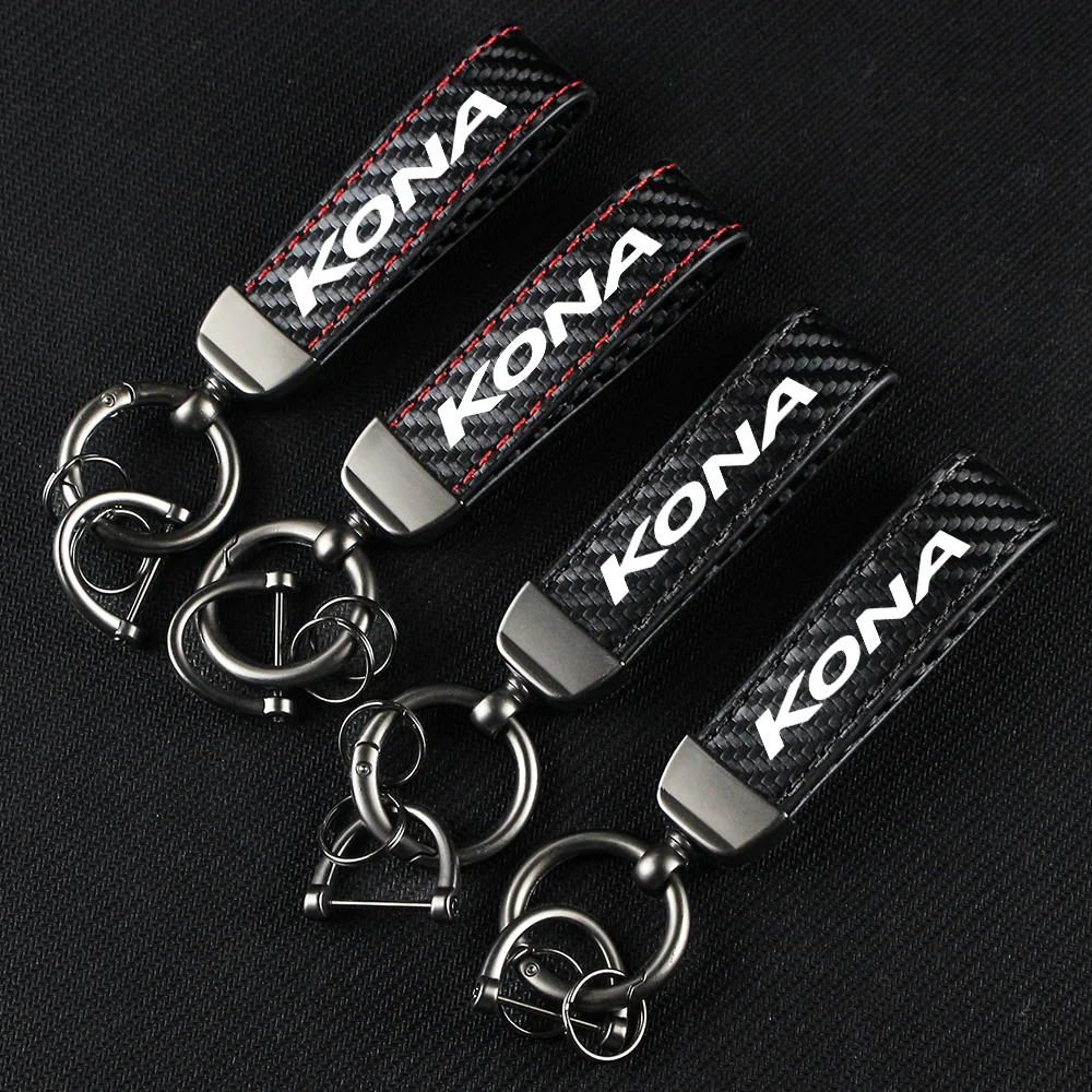 Carbon Fiber Leather Rope Car Keychain Key Chain Pendant Keyring Horseshoe Buckle for KONA NEXO PALISADE SANTAFE Accessories